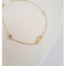 Βραχιόλι Σε Κίτρινο Χρυσό 9Κ Με Άσπρο Ματάκι, Κορώνα και Μαργαριτάρια (BR109)